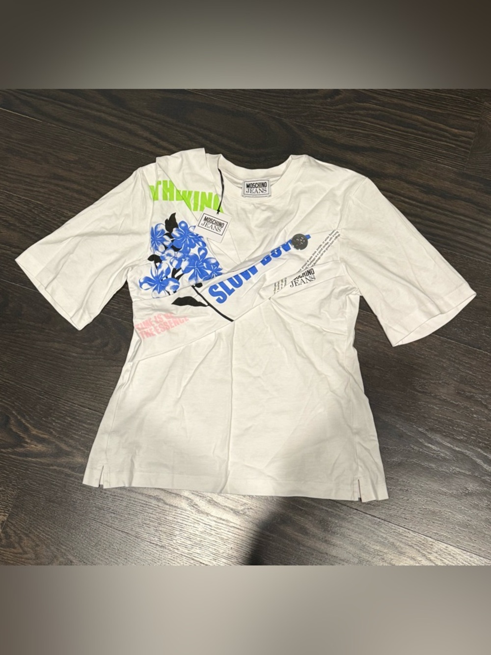 Moschino White Short-Sleeve Tee with Blue Floral and Neon Green Accents medium